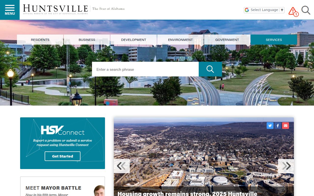 Huntsville Alabama city government portal homepage