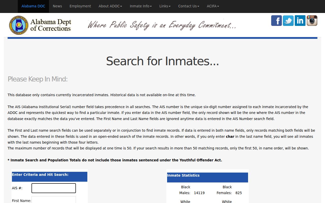 Alabama DOC inmate search database
