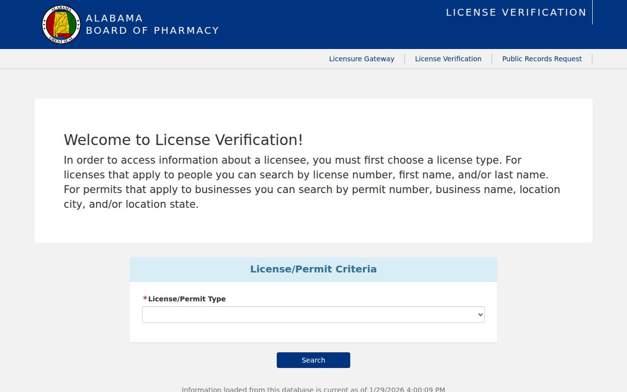 Alabama pharmacy license verification portal